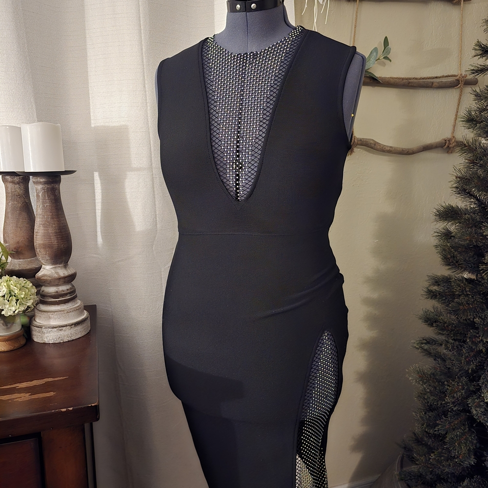 Black Sleeveless Dress with Mesh Detail